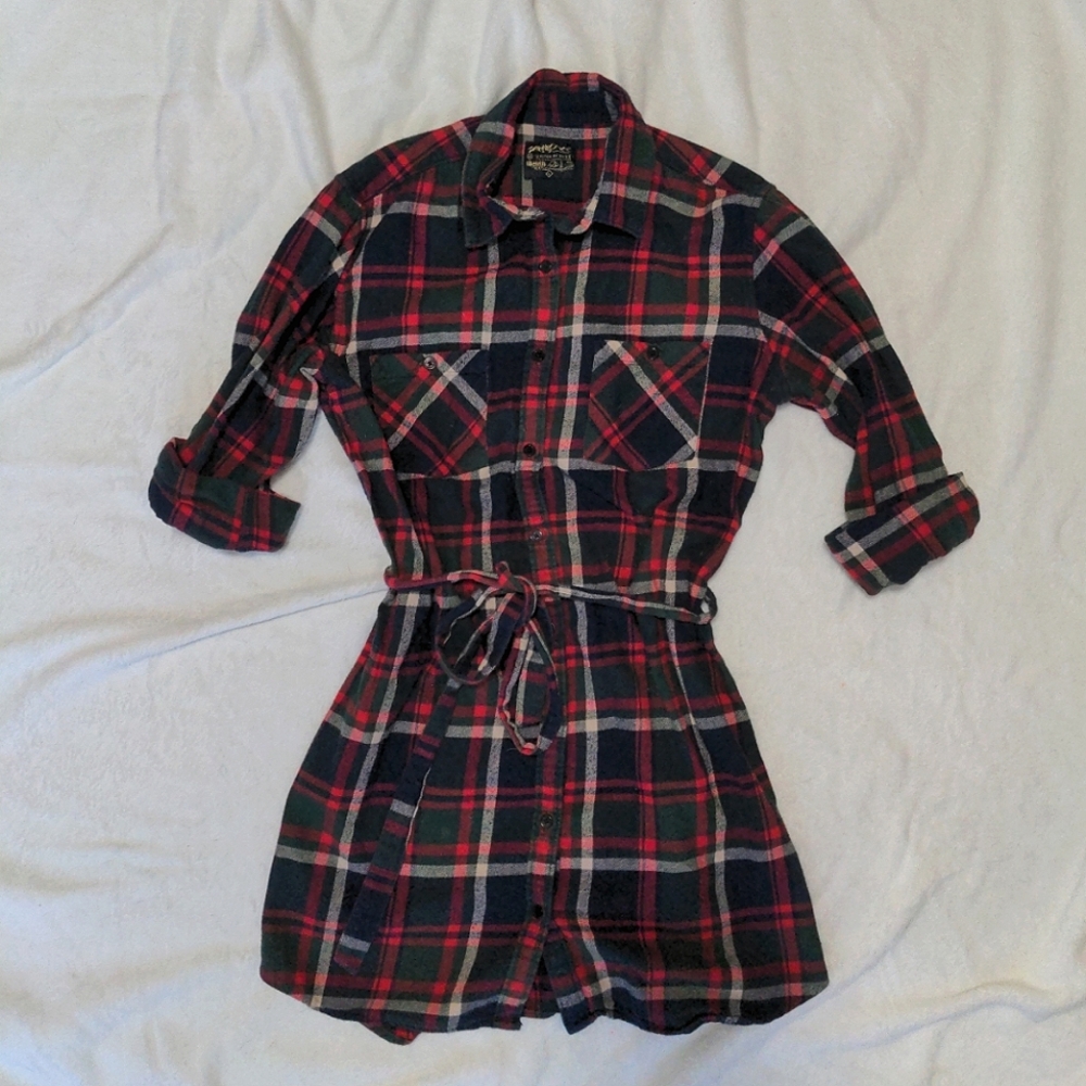 United By Blue Organic Cotton Flannel Belted Tunic Top Dress Large Tartan Plaid